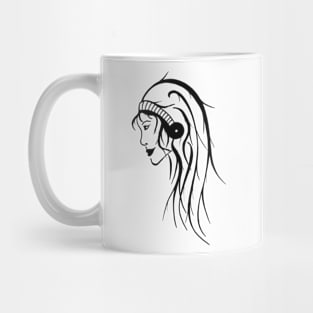 Black and white side profile of woman with striped hair band Mug